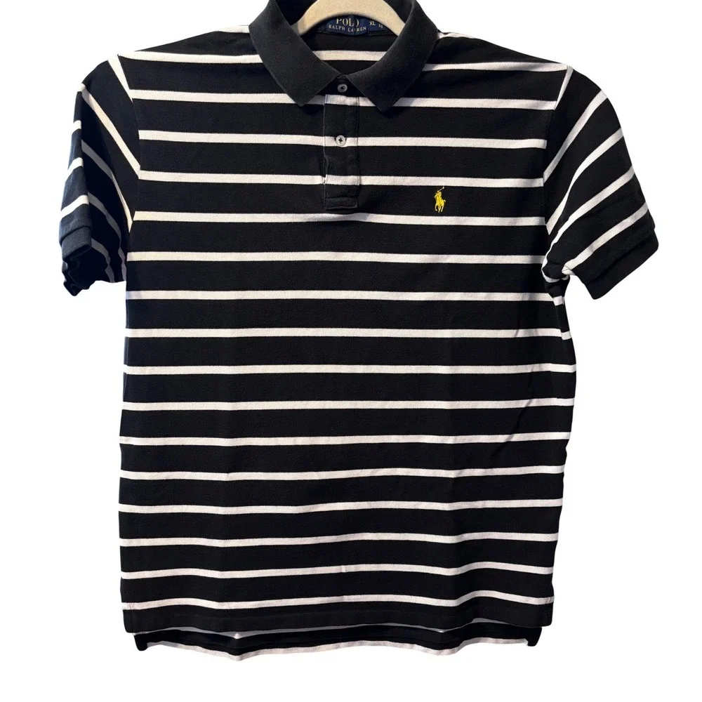 Polo Ralph Lauren Shirt Mens XL Black White Excellent Striped Short Sleeve Polo